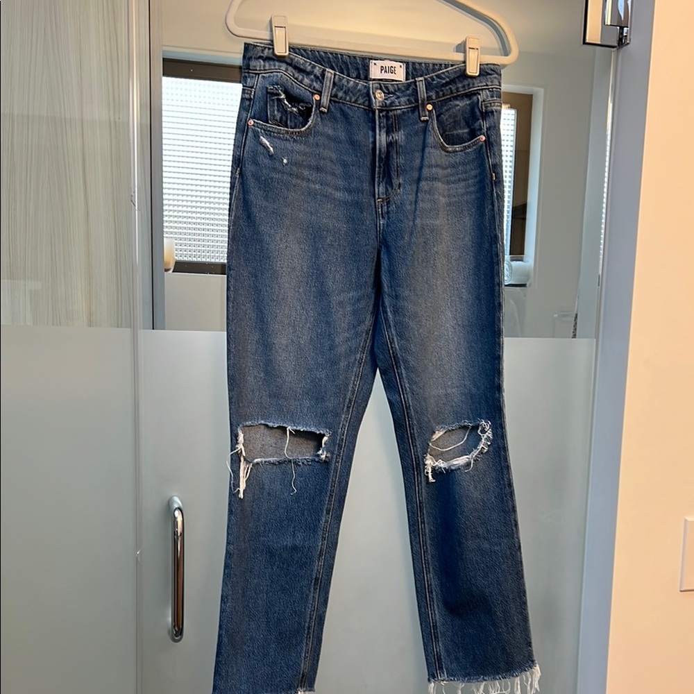 PAIGE Blue Straight Leg Denim with Raw Hem